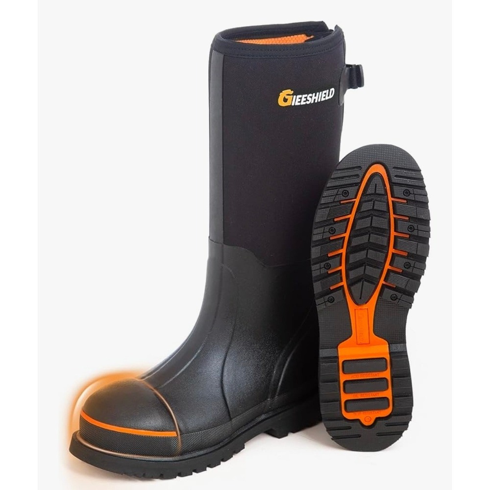 GIEESHIELD Mens Steel Toe Work Boots Waterproof Neoprene Rubber Rain Boots Black